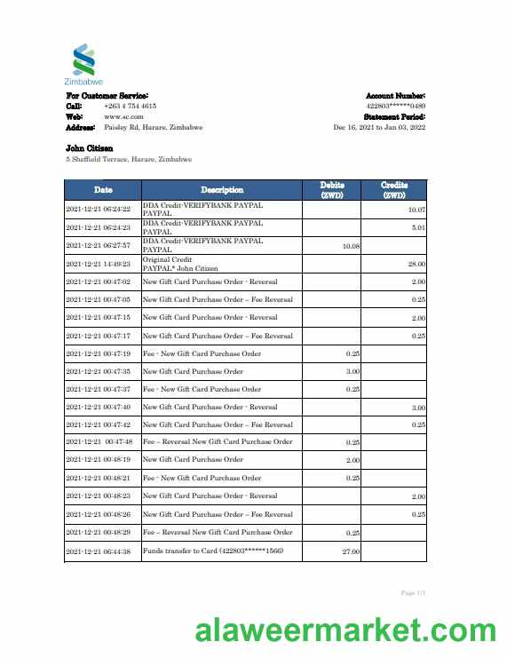 Zimbabwe Standard Chartered bank statement, Excel and PDF template